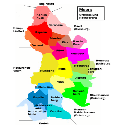 Karte der Ortsteile von der Stadt Moers