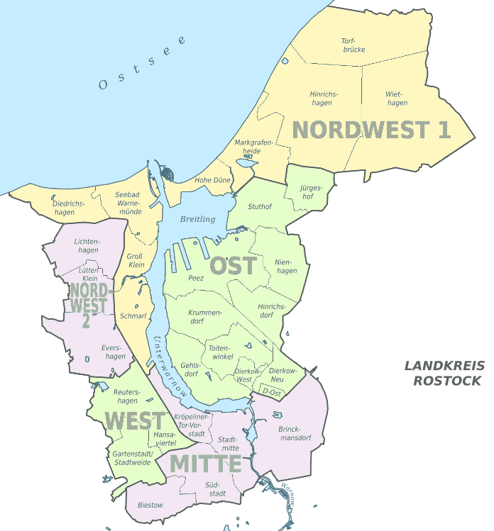Karte von Rostock mit Stadtteile-Ortsteile