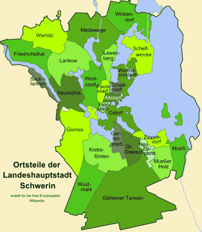 Karte von Schwerin mit Stadtteile - Ortsteile