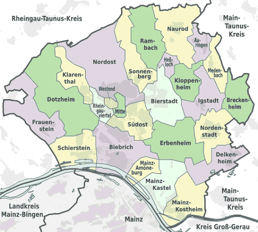 Karte der Stadtteile - Ortsbezirke von Stadt Wiesbaden