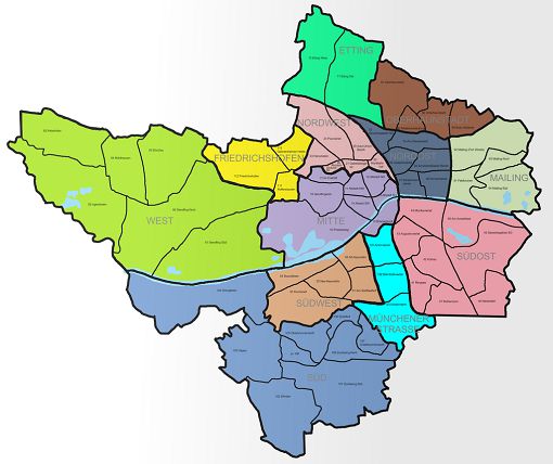 Karte der Bezirke und Stadtteile von der Stadt Ingolstadt