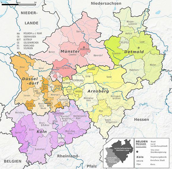Karte von Nordrhein-Westfalen - NRW mit Regierungsbezirke und Kreise