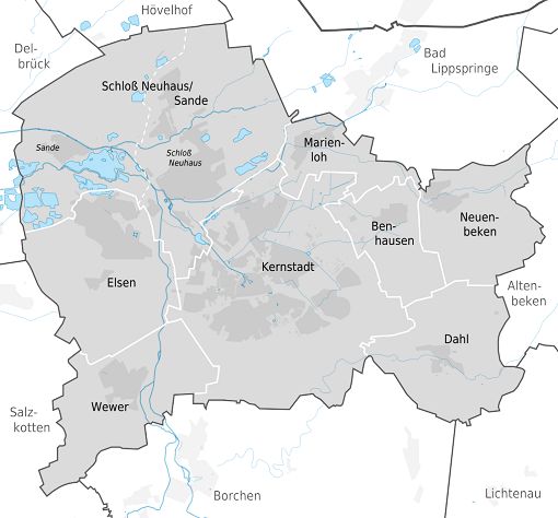 Karte von Paderborn mit Bezirke