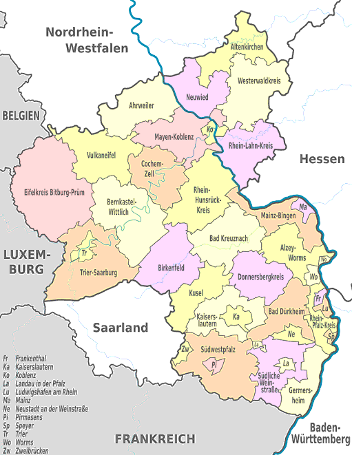 Karte der Landkreise von Land Rheinland-Pfalz in Deutschland