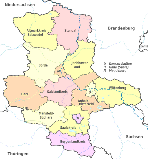 Karte der Landkreise von Land Sachsen-Anhalt in Deutschland