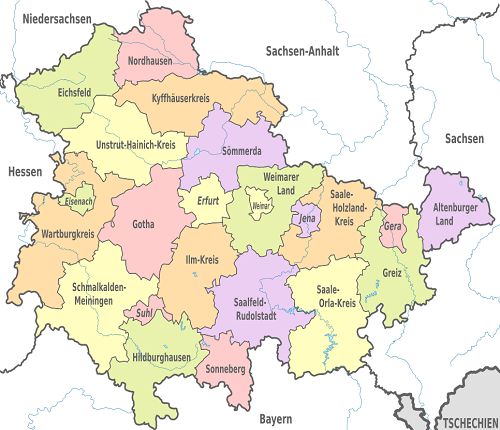 Thueringen Karte mit Landkreise in Deutschland