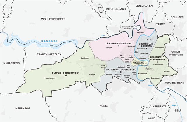 Karte der Stadtteile-Quartiere von Bern