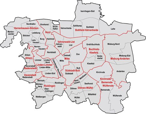 Karte der Bezirke und Stadtteile von der Stadt Hannover.