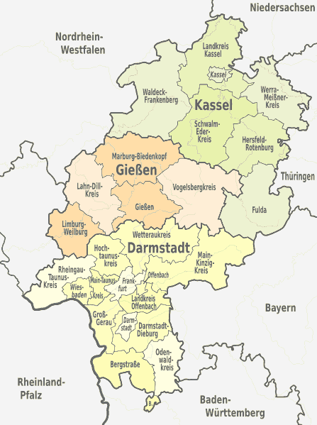 Karte von Hessen in Deutschland mit Landkreise und kreisfreie Städte.