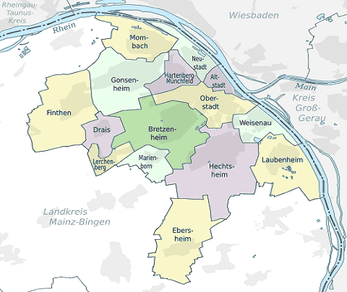 Mainz Karte der Bezirke - Stadtteile