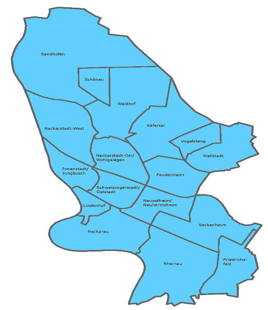 Karte der Bezirke und Stadtteile von Mannheim