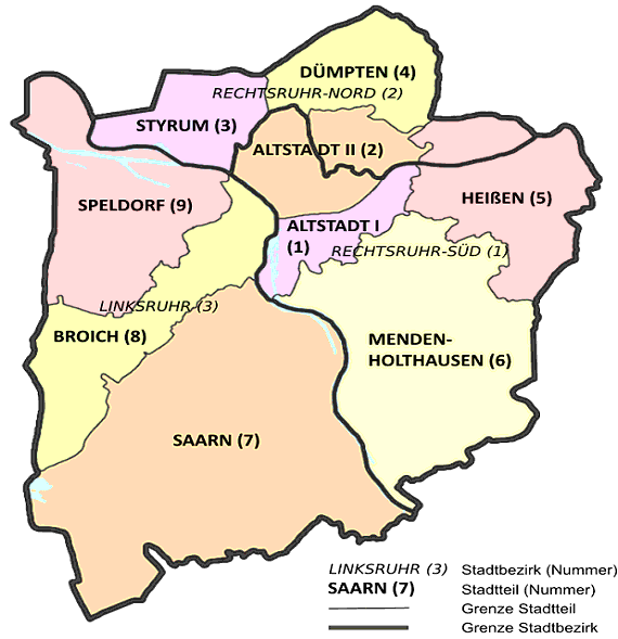 Karte von Mülheim an der Ruhr mit Bezirke und Stadtteile