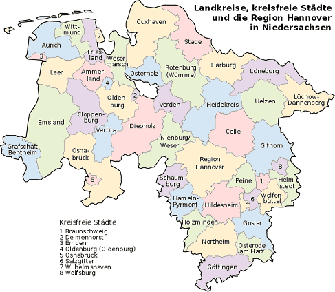 Karte mit Landkreise von Niedersachsen