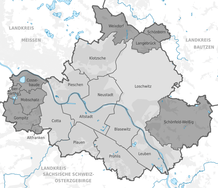 Karte der Stadtteile und Bezirke von Dresden