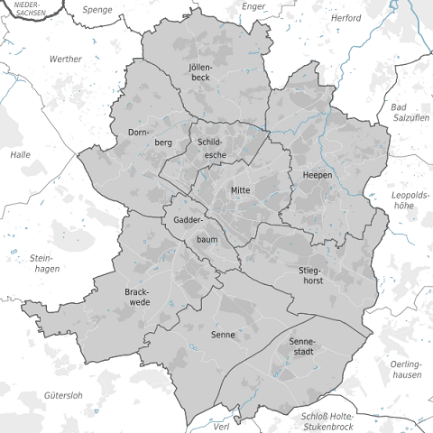 Karte von Bielefeld und Einteilung der Bezirke  Bielefeld Bezirke