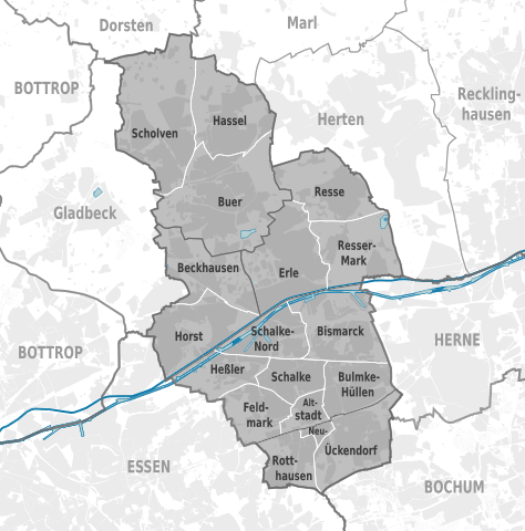 Karte der Stadtteile von Gelsenkirchen