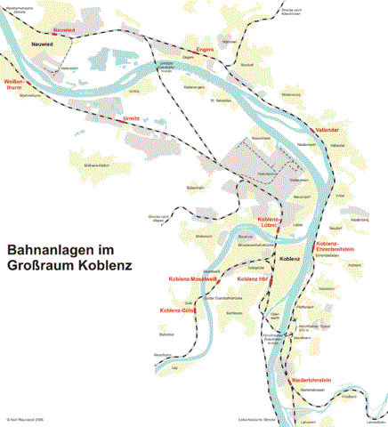 Karte der Stadtteile und Bahnanlage - Bahnhöfe von der Stadt Koblenz