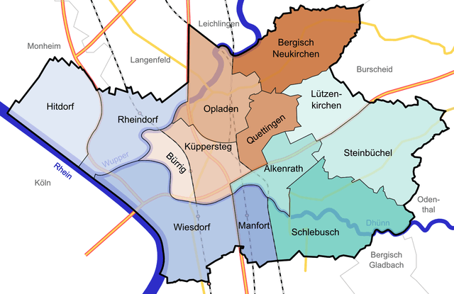 Karte der Bezirke und Stadtteile von der Stadt Leverkusen