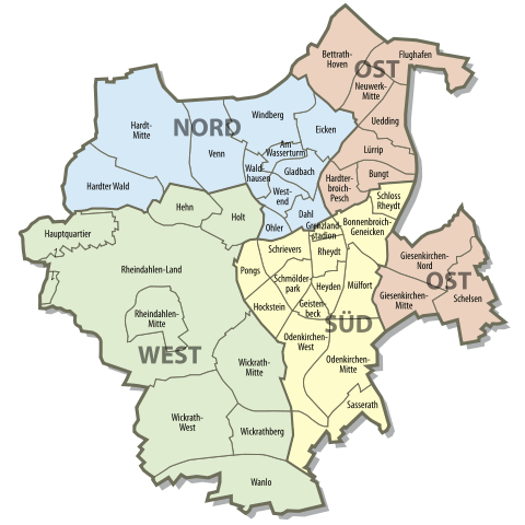 Karte der Bezirke und Stadtteile von Mönchengladbach