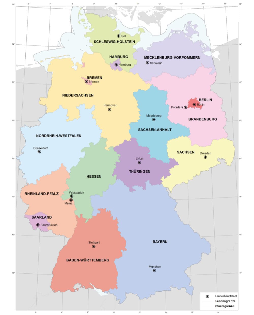 Karte der 16 Hauptstädte und Bundeländer Deutschland