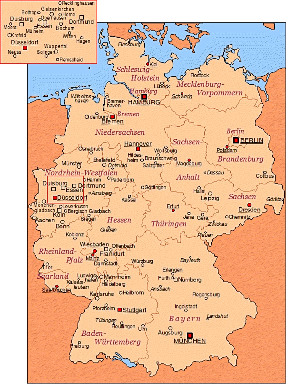 Karte nach Länder und mit Größte Städte Deutschlands