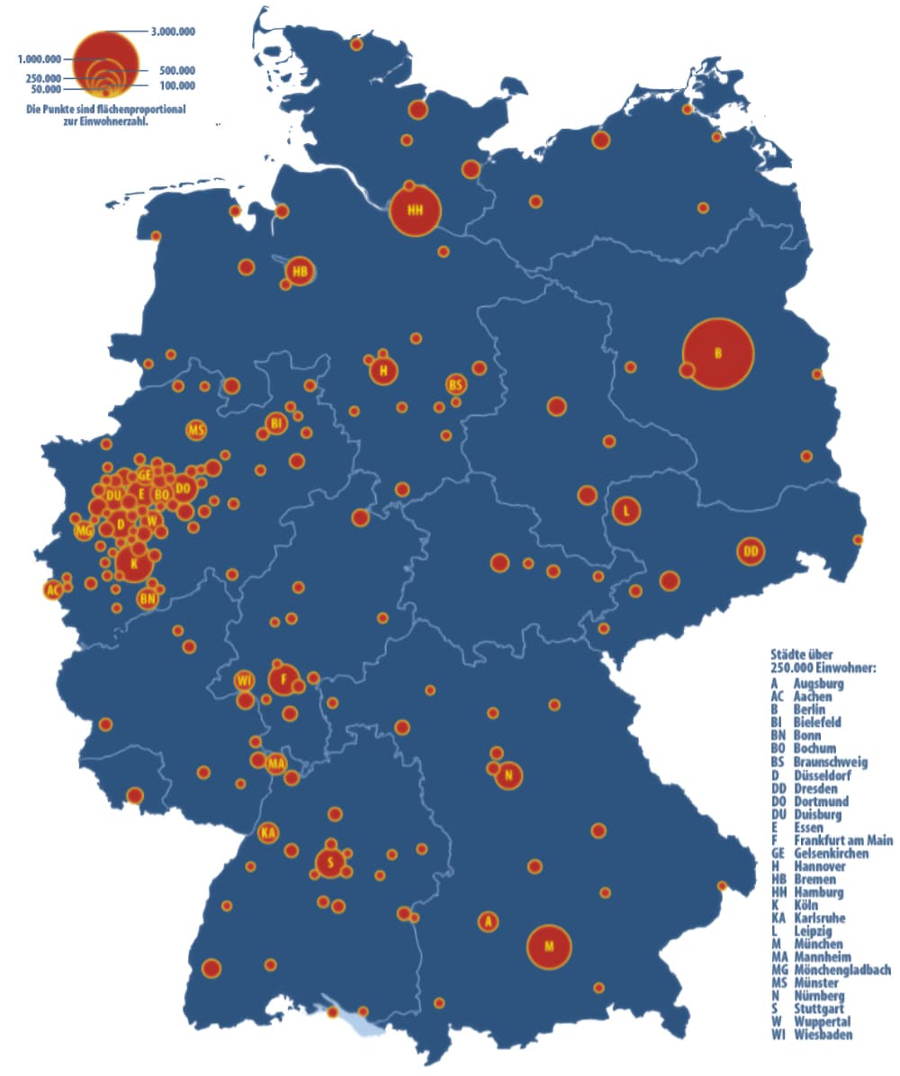Karte zeigt Städte Deutschlands über 50000 Einwohner